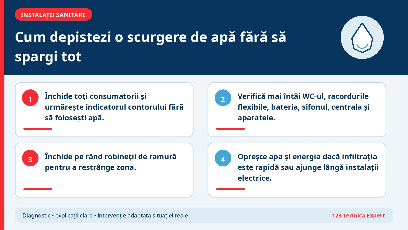 Schemă de localizare a unei scurgeri de apă cu contor și izolarea ramurilor