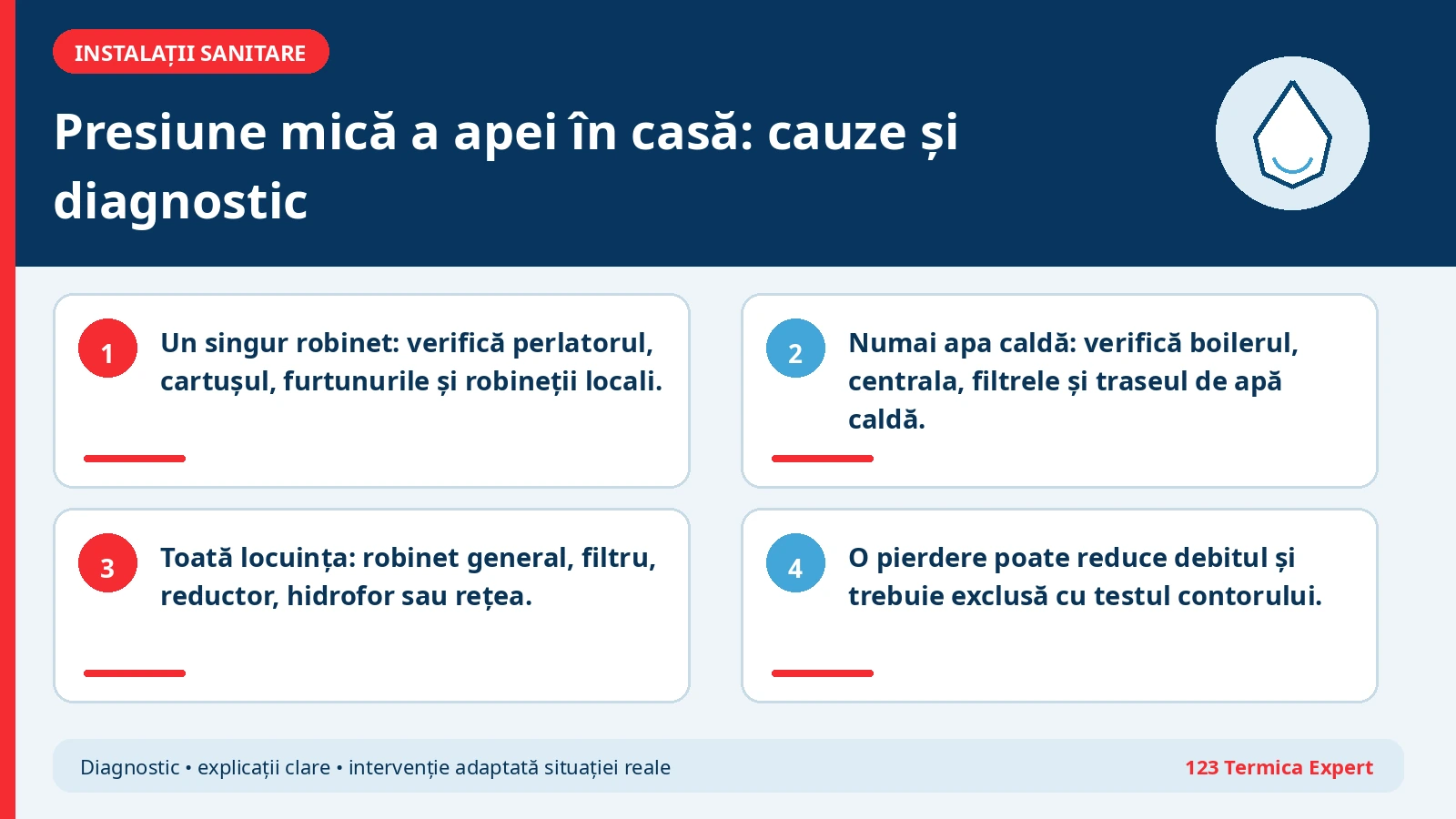 Arbore de diagnostic pentru presiune sau debit mic al apei