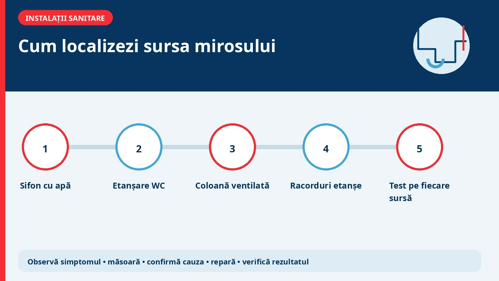 Schemă tehnică pentru localizarea mirosului de canalizare în baie, cu sifon, ventilare și etanșări